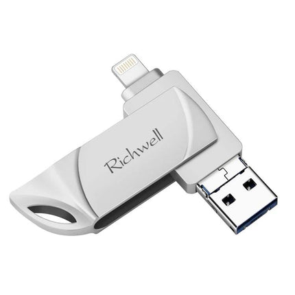 Richwell Flash Drive for Storing Files on the Go - silver lightning and USB plug-and-play drive for iPhone and Mac file transfer
