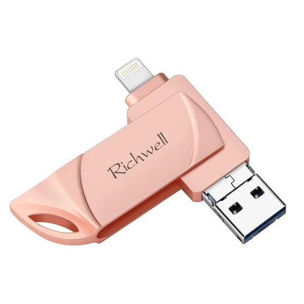 Richwell Flash Drive for Storing Files on the Go - rose gold dual USB and Lightning plug for quick iPhone and Mac file transfer