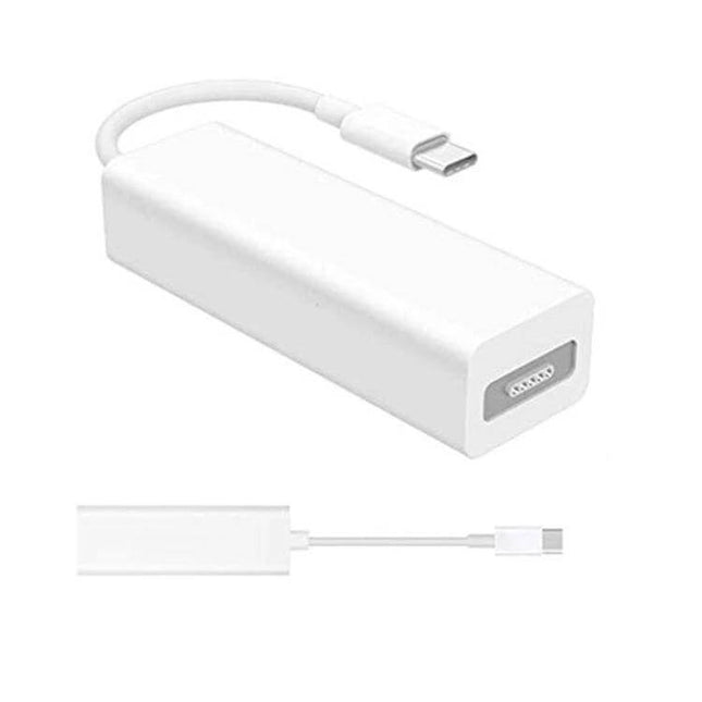 USB C to Mag-Safe Charging Adapter for MacBooks and Phones shown as white compact adapter connecting MagSafe charger to USB‑C port, portable travel use