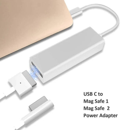 USB C to Mag-Safe Charging Adapter for MacBooks and Phones shown connected to a laptop with magnetic MagSafe connector and USB‑C cable