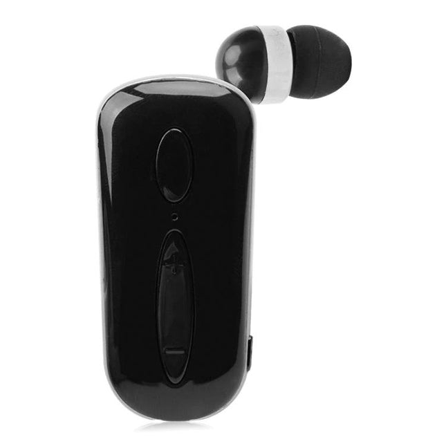 Wireless Bluetooth Headset With Vibration Alert And Clip black clip-on earpiece with retractable cable for commuters
