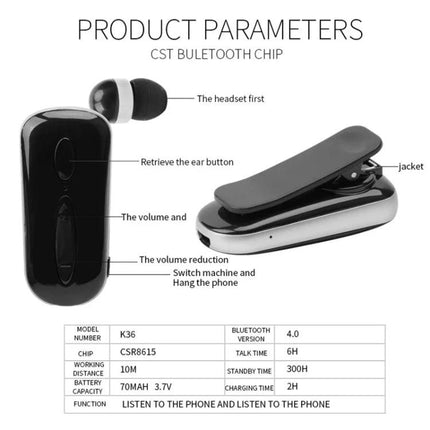 Wireless Bluetooth Headset With Vibration Alert And Clip lightweight clip-style K36 with retractable cable for commuters