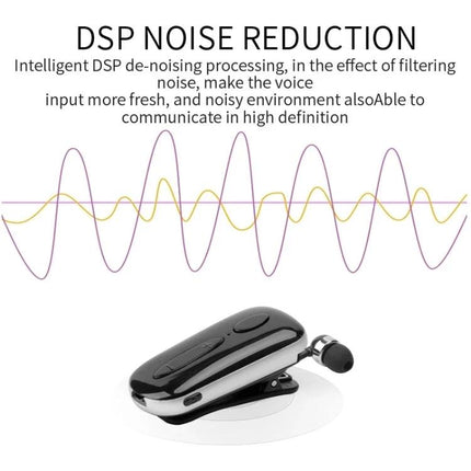 Wireless Bluetooth Headset With Vibration Alert And Clip sleek black clip-style headset with DSP noise reduction graphic
