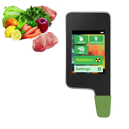 Handheld Nitrate Residue Tester for Fresh Produce and Meat showing device screen and sampled fruits, vegetables and meat