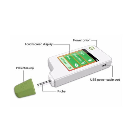 Handheld Nitrate Residue Tester for Fresh Produce and Meat with touchscreen, probe and protection cap shown