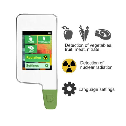 Handheld Nitrate Residue Tester for Fresh Produce and Meat showing touchscreen menu for fruits, vegetables, meat and radiation detection