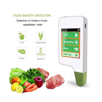 Handheld Nitrate Residue Tester for Fresh Produce and Meat showing ECO 4F device with screen, fruits, vegetables and meat for nitrate detection