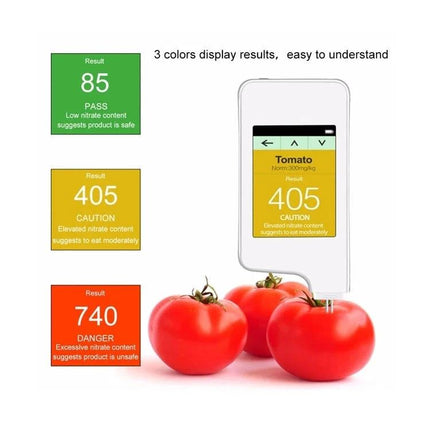 Handheld Nitrate Residue Tester for Fresh Produce and Meat measuring tomato nitrate levels with pass, caution, danger color-coded results