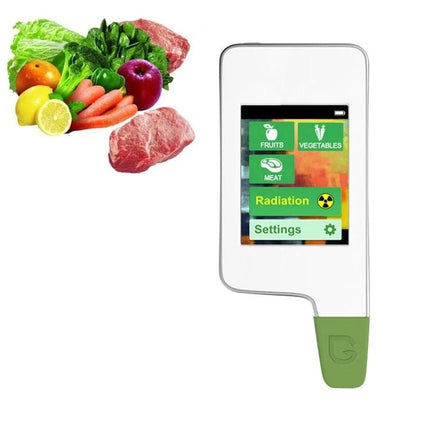 Handheld Nitrate Residue Tester for Fresh Produce and Meat showing device screen with fruits, vegetables and meat samples