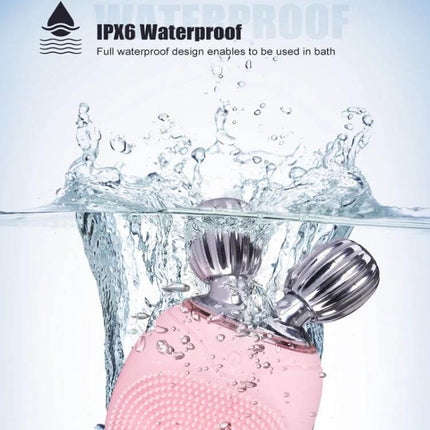 Duosi 2in1 Electric Facial Cleansing Brush For Daily Face Care pink silicone brush shown submerged with IPX6 waterproof splash