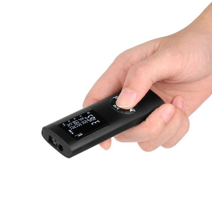 Compact Handheld Laser Distance Meter for Everyday Measurements - black compact device held in hand with illuminated display for quick room measurements