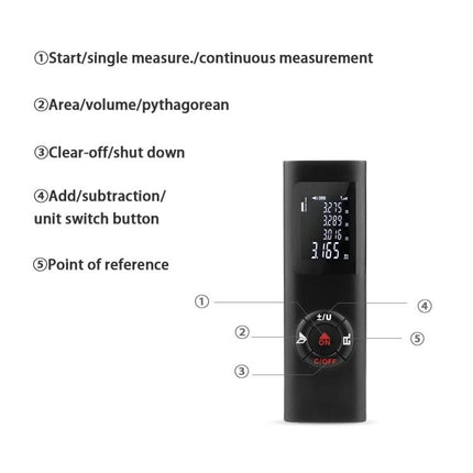 Compact Handheld Laser Distance Meter for Everyday Measurements - compact black device with labeled buttons and LCD display showing measurements