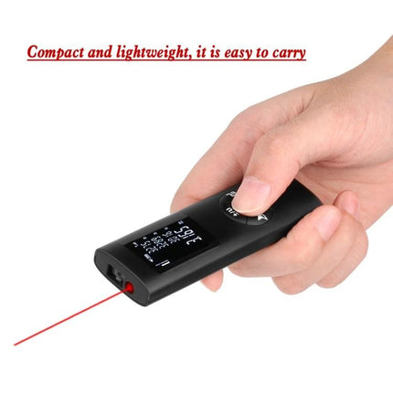 Compact Handheld Laser Distance Meter for Everyday Measurements in hand showing laser and display, compact and lightweight