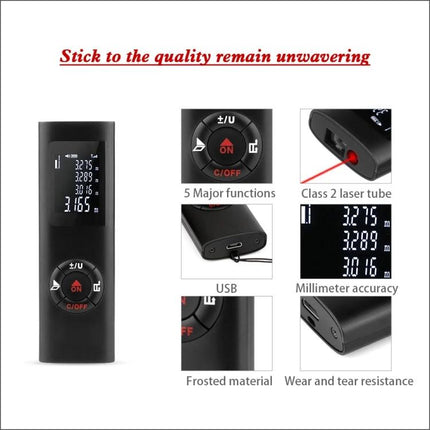 Compact Handheld Laser Distance Meter for Everyday Measurements showing display, buttons, USB port and laser