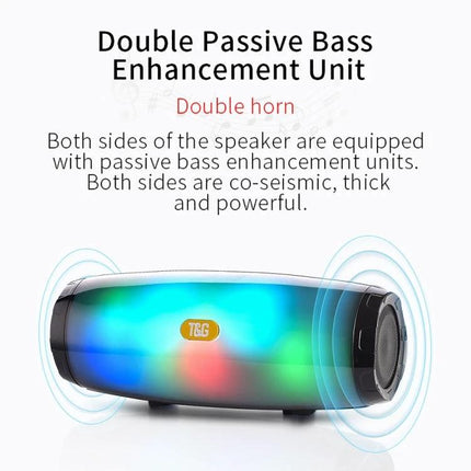 Compact T G Portable Bluetooth Speaker For Home And Outdoor Use with double passive bass, LED lights and TF/USB/AUX playback