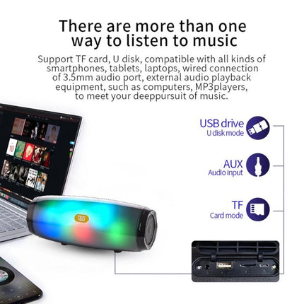Compact T G Portable Bluetooth Speaker For Home And Outdoor Use showing LED lights USB TF AUX inputs and laptop connectivity
