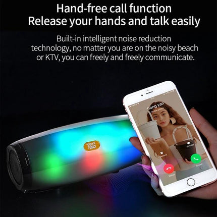 Compact T G Portable Bluetooth Speaker For Home And Outdoor Use showing LED lights and hand holding phone for hands-free call