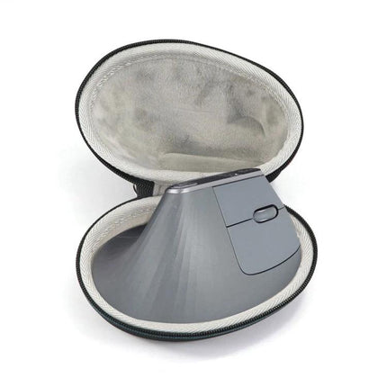 Logitech MX Vertical Mouse Protective Storage Case with gray MX Vertical mouse inside, hard EVA shell and soft interior lining