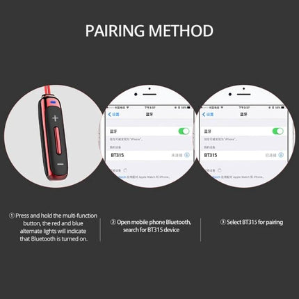 Sport Bluetooth Headset For Running And Daily Commute pairing instructions showing BT315 device and phone Bluetooth screens