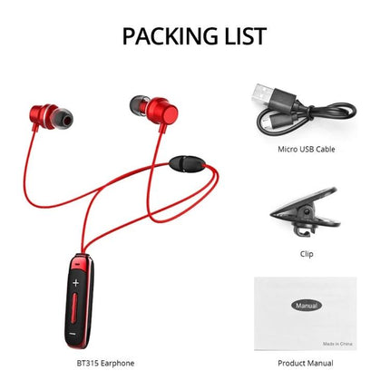 Sport Bluetooth Headset For Running And Daily Commute red BT315 in-ear headset with mic, USB cable, clip and product manual (100 chars)