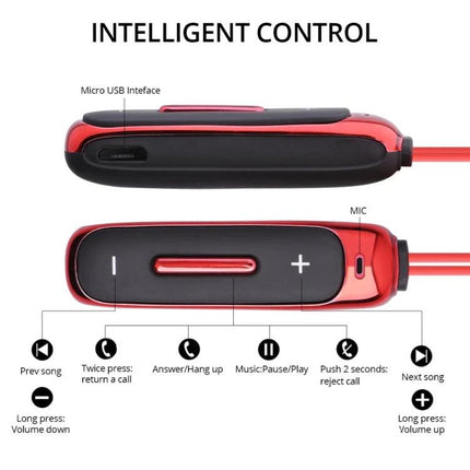 Sport Bluetooth Headset For Running And Daily Commute red inline remote with volume buttons mic and micro USB control layout