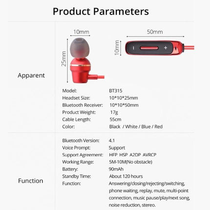 Sport Bluetooth Headset For Running And Daily Commute wireless BT315 red in-ear headset with mic sweat-resistant secure fit, Bluetooth 4.1