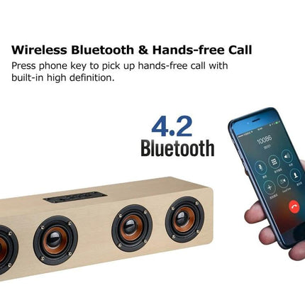 Bluetooth Speaker With Built In Mic For Everyday Home Use showing wooden 360° speaker and phone on call 4.2 Bluetooth