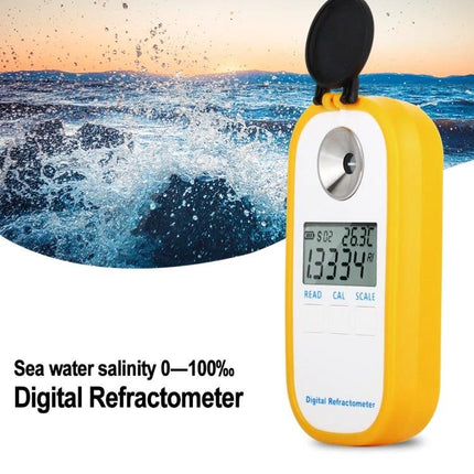 Digital Refractometer for Seawater Salinity Measurement handheld yellow meter with LCD showing salinity and temperature against ocean background