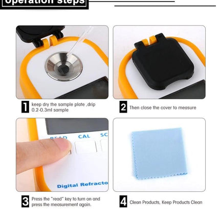 Digital Refractometer for Seawater Salinity Measurement showing operation steps: sample placement, cover closed, press read button, and cleaning cloth