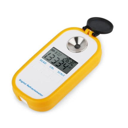 Digital Refractometer for Measuring Sugar in Wine and Beer - yellow handheld device with clear digital display for fermentation monitoring