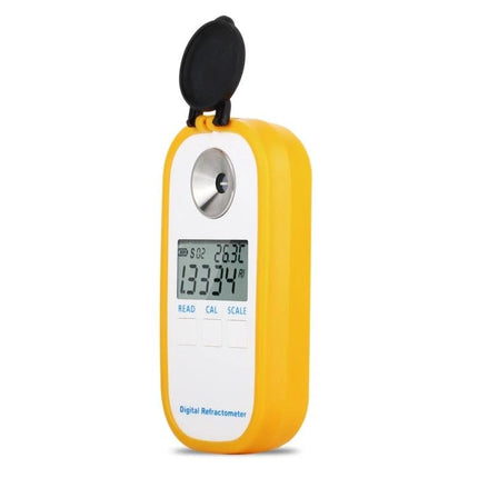 Digital Refractometer for Measuring Sugar in Wine and Beer - yellow handheld device with digital display for brewers and winemakers