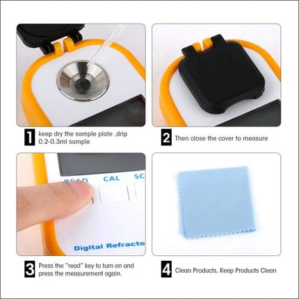 Digital Refractometer for Measuring Sugar in Wine and Beer showing sample plate, cover, keypad and cleaning cloth
