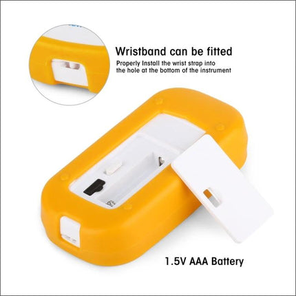 Digital Refractometer for Measuring Sugar in Wine and Beer - yellow silicone case showing battery compartment and wristband slot, 1.5V AAA