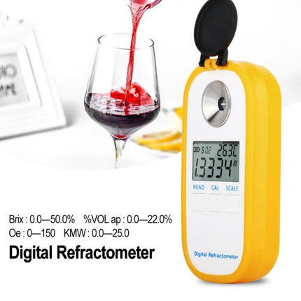Digital Refractometer for Measuring Sugar in Wine and Beer showing digital display next to a glass of wine, for home brewers and winemakers
