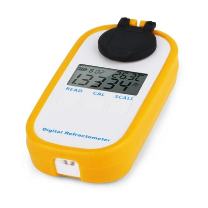 User-Friendly Digital Refractometer for Brewing Beer and Wine at Home - yellow handheld refractometer measuring Brix on digital display
