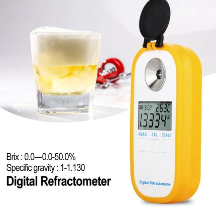 User-Friendly Digital Refractometer for Brewing Beer and Wine at Home showing digital display reading Brix and specific gravity