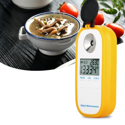 Digital Salt Refractometer for Testing Salinity in Food shown measuring salt in soup with clear digital display