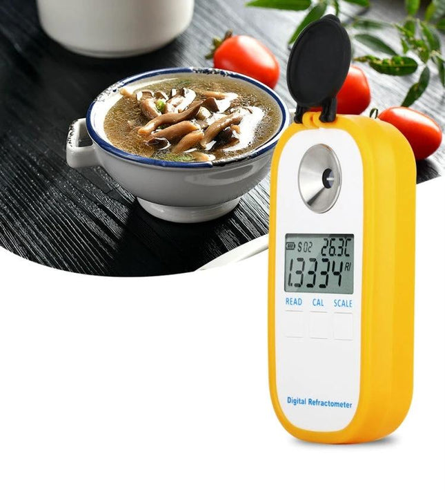 Digital Salt Refractometer for Testing Salinity in Food shown measuring salt in soup with clear digital display