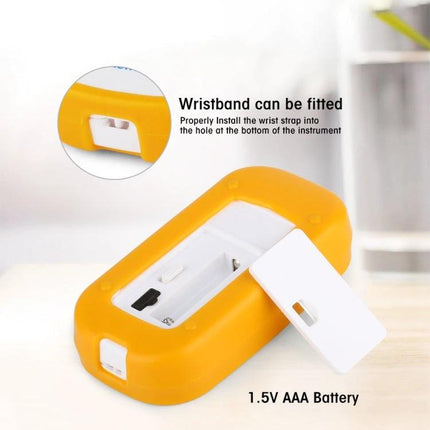 Digital Salt Refractometer for Testing Salinity in Food yellow handheld unit showing battery compartment and wristband slot