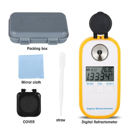 Digital Salt Refractometer for Testing Salinity in Food digital refractometer with accessories, yellow body, LCD display showing salinity and temperature