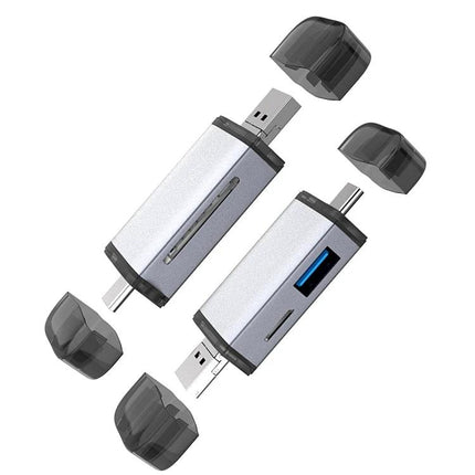 Multi-Interface Card Reader for Daily File and Photo Access compact silver USB-C and USB-A card reader with SD slot and caps