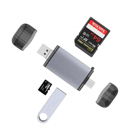 Multi-Interface Card Reader for Daily File and Photo Access showing USB, USB-C, SD card and microSD slots with flash drive