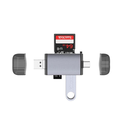 Multi-Interface Card Reader for Daily File and Photo Access showing SD card, USB drive and caps for everyday photo and file transfers