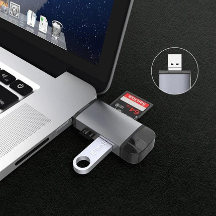 Multi-Interface Card Reader for Daily File and Photo Access shown connected to laptop with SD card and USB flash drive