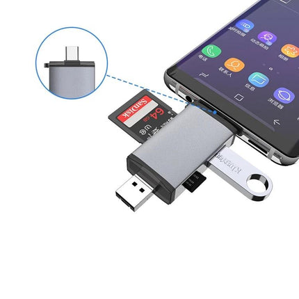 Multi-Interface Card Reader for Daily File and Photo Access shown connected to smartphone with SD card and USB flash drive