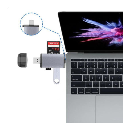 Multi-Interface Card Reader for Daily File and Photo Access plugged into laptop with SD card and USB drive for photo transfer