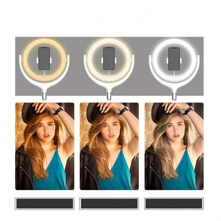 Ring Light for Daily Home Beauty and Video Sessions showing 12-inch adjustable color temperatures and phone mount for even makeup and video lighting
