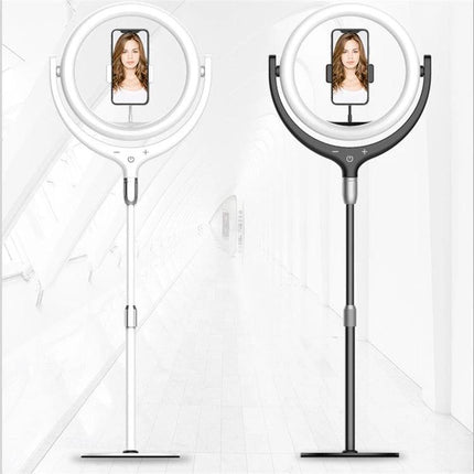 Ring Light for Daily Home Beauty and Video Sessions - 12-inch adjustable color ring light on white and black floor stands with phone holder