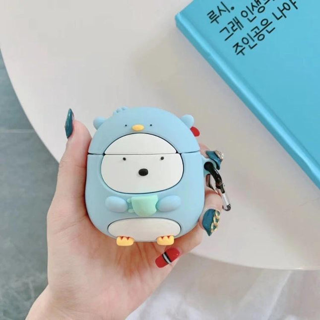 Stylish Penguin Case for Everyday AirPods Protection in blue silicone, dustproof playful penguin design with charging access for commuting and exercise