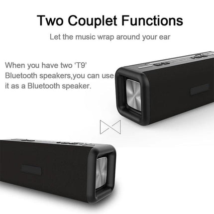 Portable Bluetooth Speaker For Home And Travel With Compact Design showing two T9 speakers paired for stereo coupling